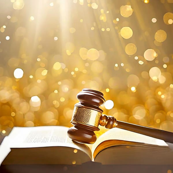 A judge's golden gavel resting upon an open book, in front of a shimmering gold lit background