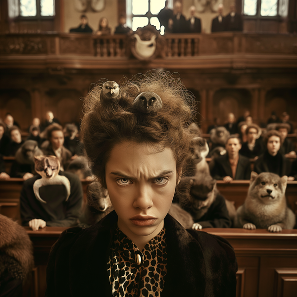 an angry woman in a court room full of animals