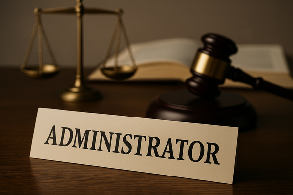 Typical legal icons balancing scales, gable, law book. With the a desk plaque that reads "Administrator" as the title.